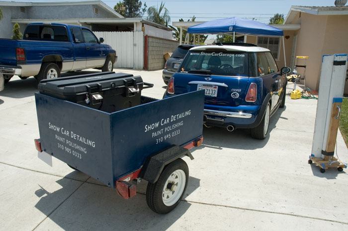 The full mobile setup — trailer packed, MINI hooked up, ready to go. Everything Richard needed to run a professional detailing operation fit right here.