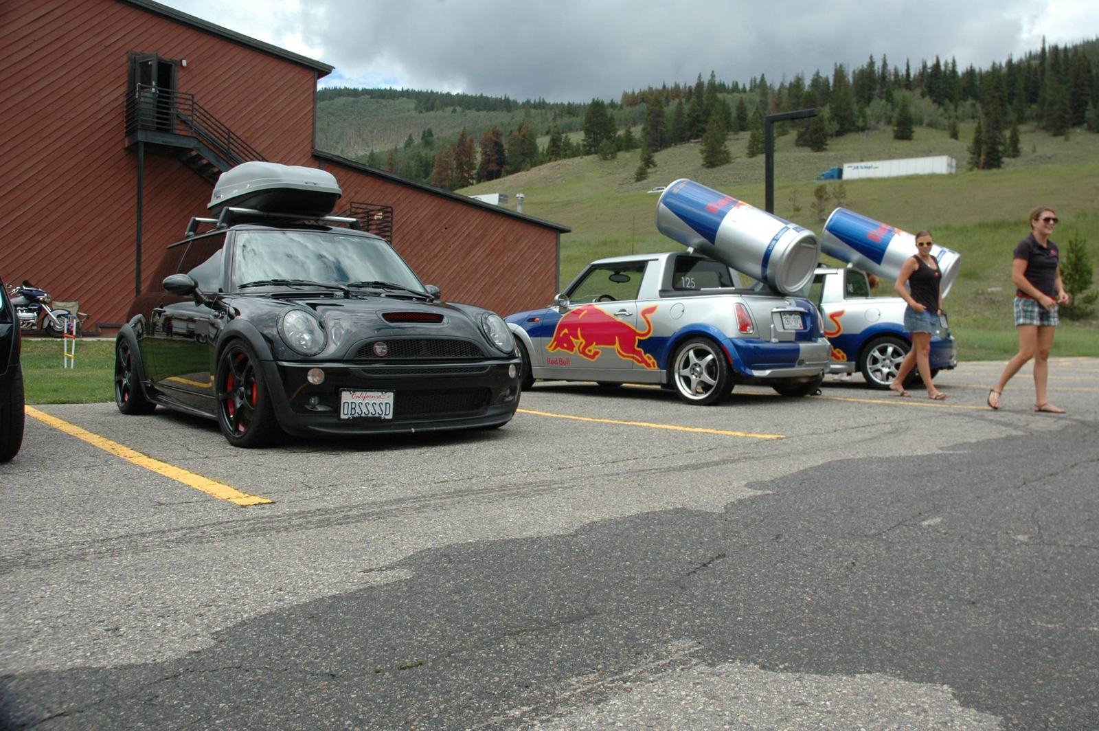 The OBSSSSD MINI at a mountain rally — next to a Red Bull promotional MINI. Richard's car held its own anywhere it went.