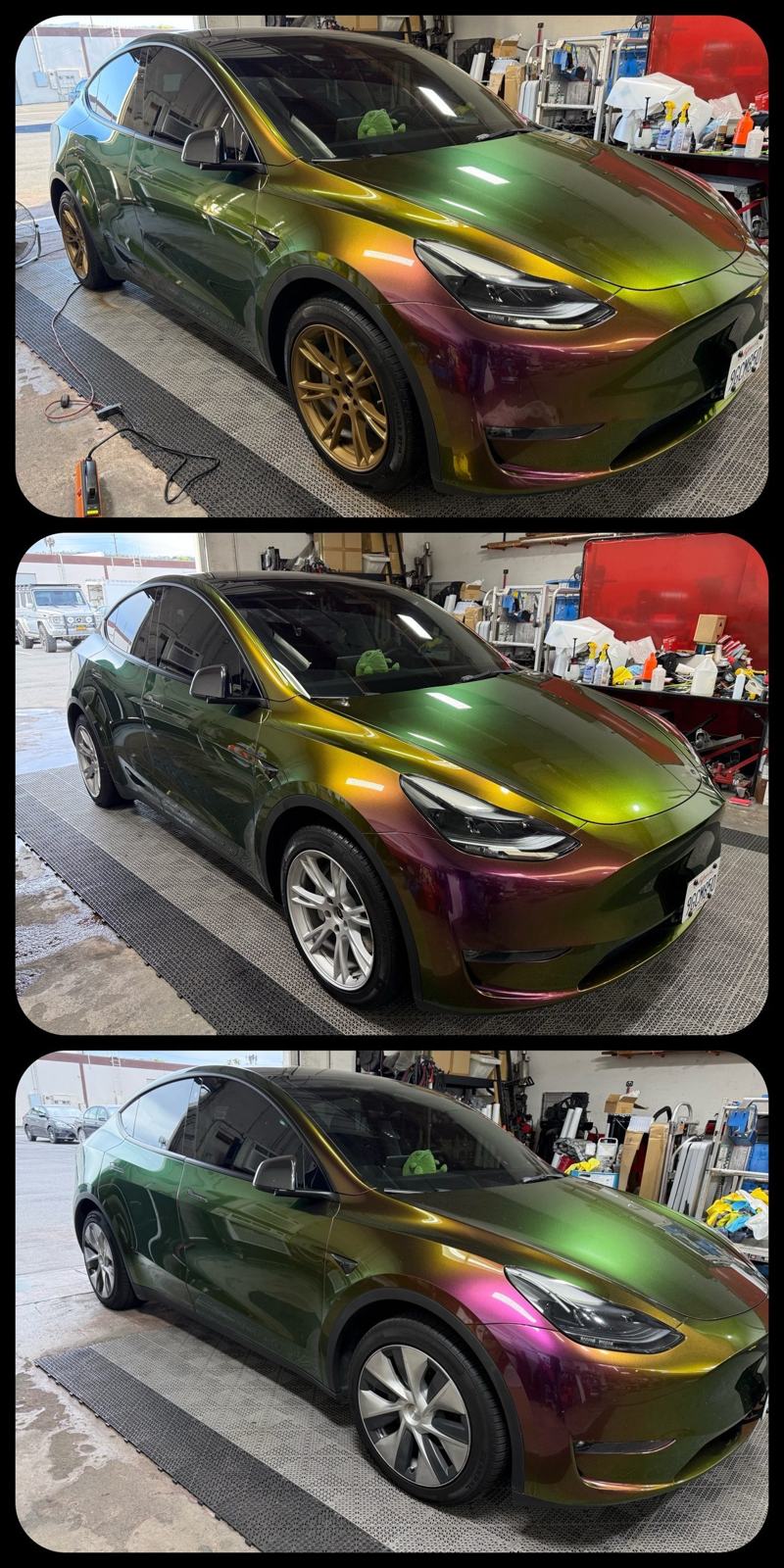 Shop Car — Wheel progression: bronze hyper-dip (top), OEM hub caps removed (middle & bottom)