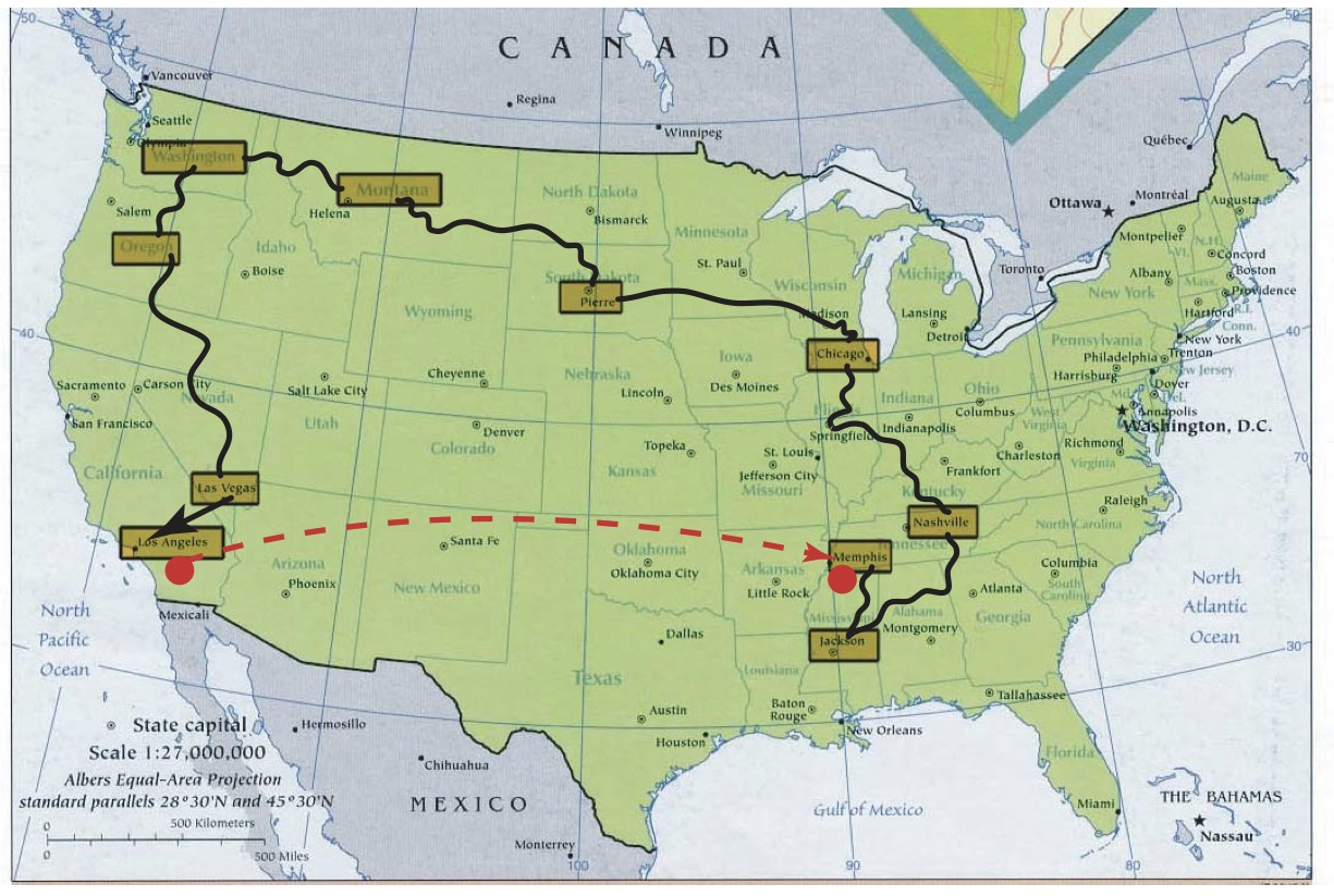 Richard Lin's planned cross-country route: Memphis, TN to Los Angeles, CA via Nashville, Chicago, the Dakotas, Montana, Washington, Oregon, and Nevada