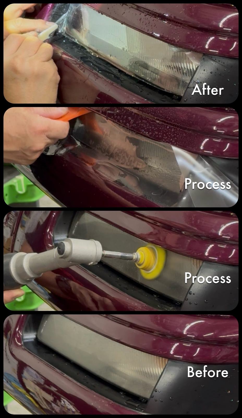Headlight restoration sequence: faded before → buffing process → PPF protection after