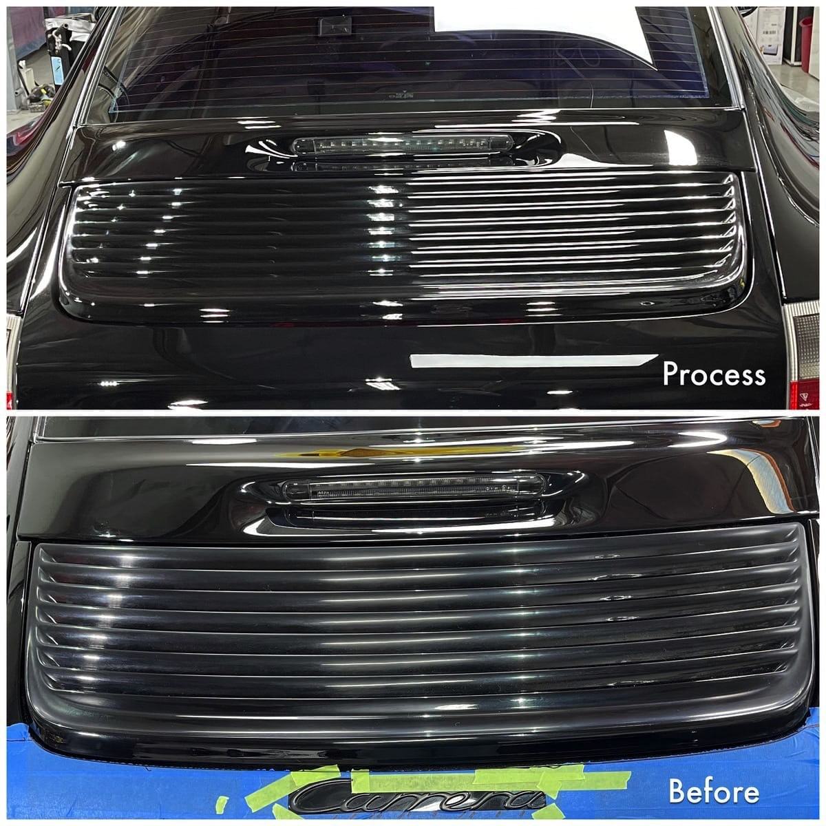 Porsche Carrera rear lid — correction in process (top) vs. before (bottom)
